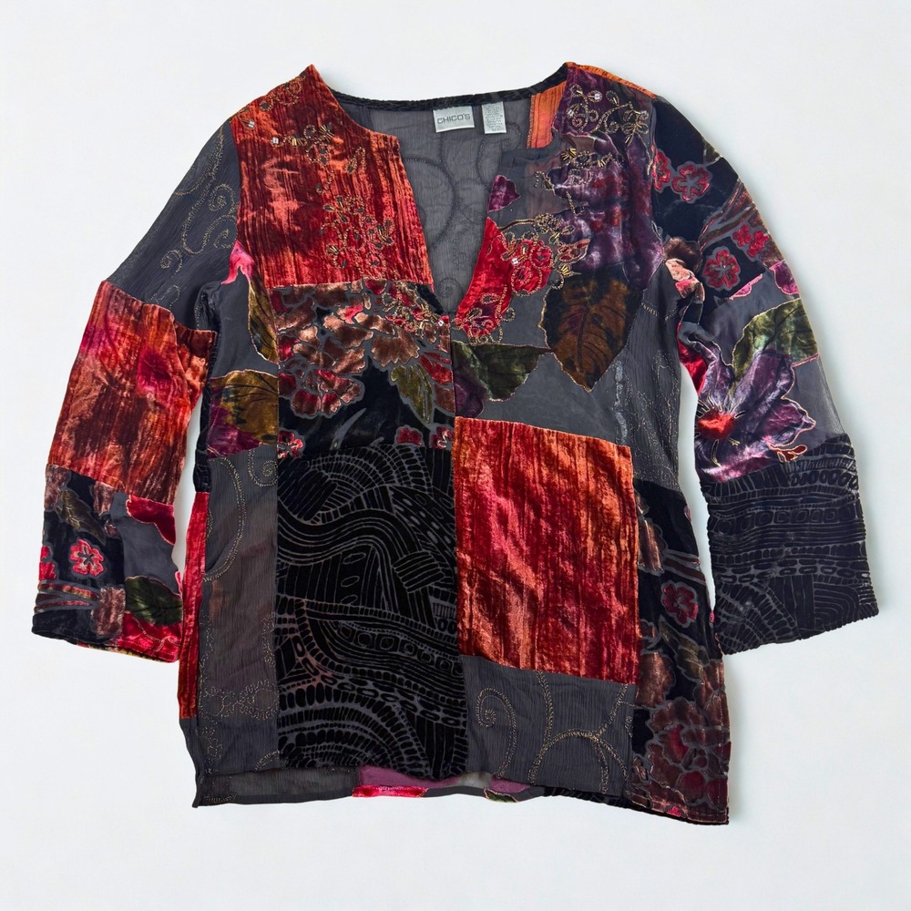 Chicos Patchwork Sheer Tunic Womens 0 Multicolor Velvet Burnout Beaded Whimsical